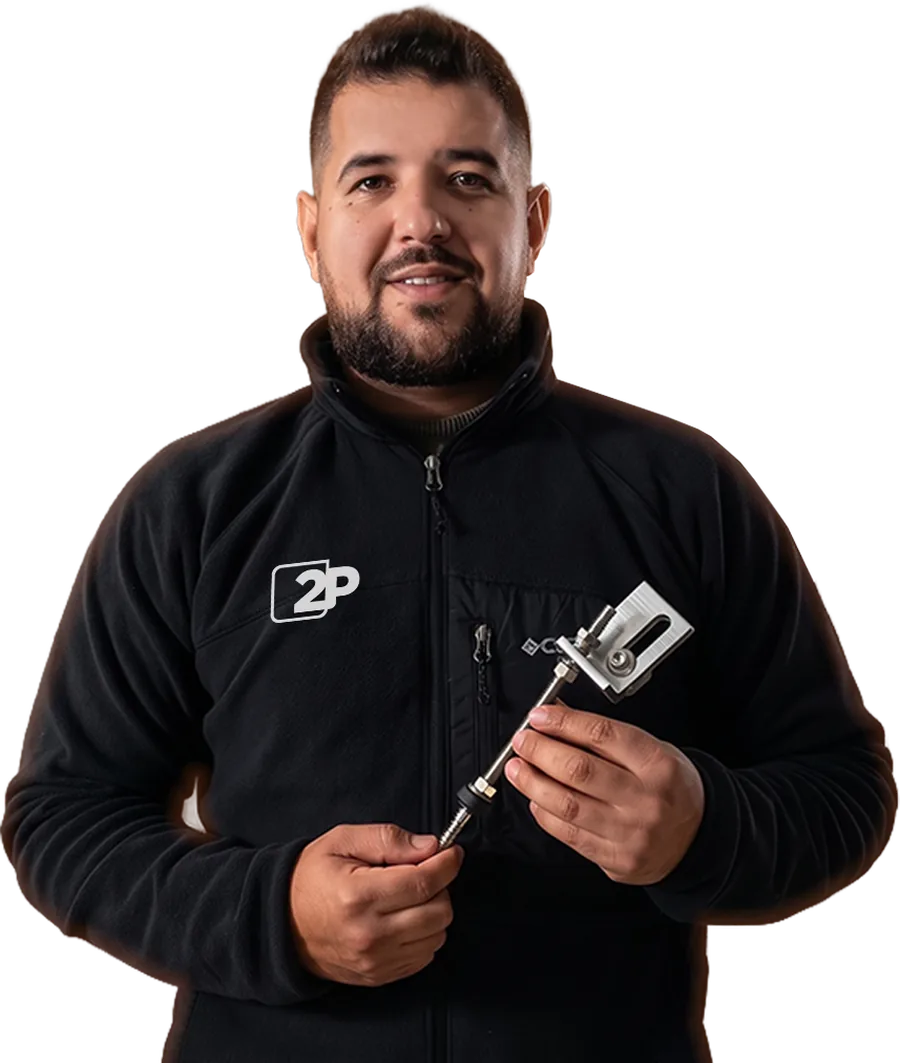 Douglas Pedroso, embaixador 2P, segurando um suporte de fixação da 2P